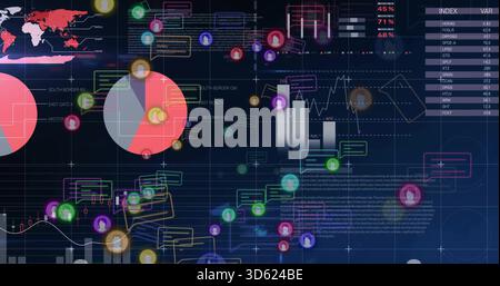 Displaying analytics dashboard cluster running on screen, showing pie charts, bar and line graphs Stock Photo