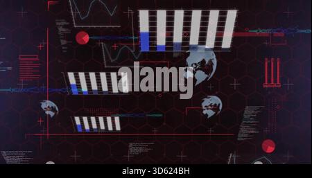 Displaying data cluster on control HUD, showing white bars, globes, cyan lines, red nodes, hex grid Stock Photo