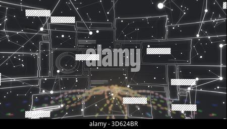 Displaying holographic network visualization on dark console, showing floating UI panels, nodes Stock Photo