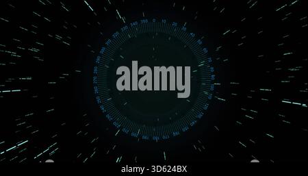 Displaying central HUD with concentric rings and degree ticks in virtual space, with motion streaks Stock Photo