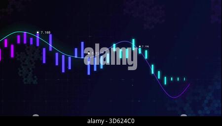 Displaying neon purple-blue-cyan candle bars with flowing trend line on navy chart, labeled markers Stock Photo