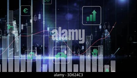 Displaying stylized finance charts over night skyline with panels bars trend lines glowing band Stock Photo