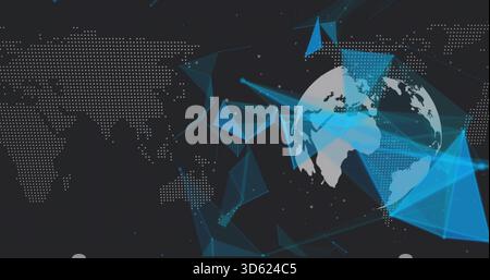 Displaying clear globe on right, linking to glowing lines and nodes over dotted map, copy space Stock Photo