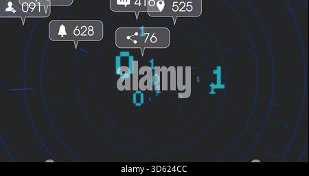 Rotating cluster of cyan binary bits and pixel 0 glowing on navy HUD grid, showing badges Stock Photo
