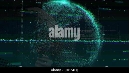Rotating point-cloud globe pulsing teal and blue particles at monitoring dashboard, with waveform Stock Photo