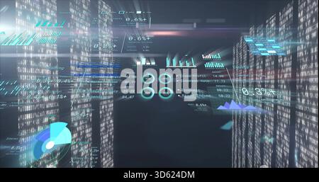 Floating hologram dashboard displaying charts and data in dim corridor, with rack hardware Stock Photo