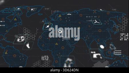Displaying world map on operations dashboard, marking airplane, lightning, recycle, fan icons Stock Photo