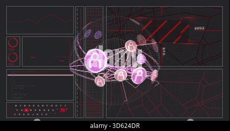 Displaying 3D network globe rotating on analytics dashboard, showing magenta icons and map Stock Photo
