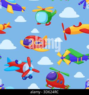 Cartoon planes seamless pattern. Children air transport toys, various plastic helicopter and airplane. Boys print template, nowaday vector background Stock Vector