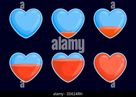 Heart fill progress. Cartoon glass transparent heart loading bar animation, love meter game ui life fuel sequence empty full load volume customer feeling, kicky vector illustration original artwork Stock Vector