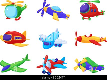 Cartoon toy planes. Plastic airplanes and helicopters, children flying toys with propellers. Various air transport with wings, nowaday vector clipart Stock Vector