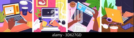 Hands at laptop workplaces. Student or business office workplace, hand work on computer desk keyboard artist use tablet screen woman workspace, cartoon classy vector illustration original artwork Stock Vector