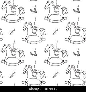 This design features multiple rocking horses arranged in a repeated pattern against a white background. The simple outlines evoke a sense of childhood Stock Vector