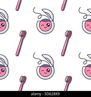Kawaii dental floss character, pink toothbrush seamless pattern. Pediatric dentistry concept. Doodle style dental floss texture isolated on white. Oral hygiene concept. Dental cleaning tool Stock Vector
