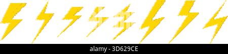 Yellow pixel lightning bolt set. Retro style, 8-bit lightning bolt graphic elements. Vector clipart icons Stock Vector