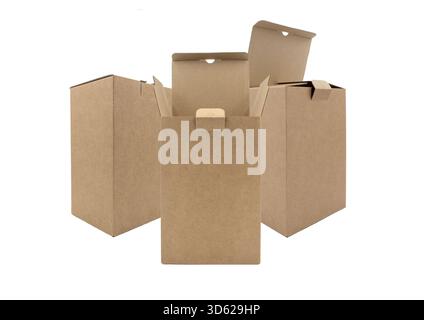 Three boxes of unpainted cardboard, open and closed, in different angles, highlighted on a white background, collage Stock Photo