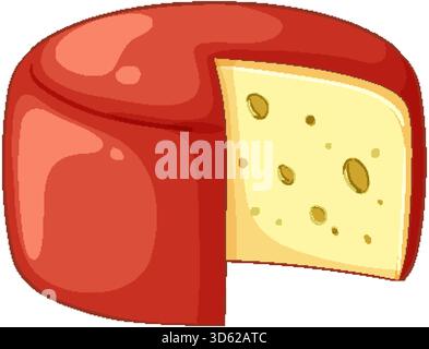 Vector illustration of a whole cheese wheel with red wax, wedge cut, flat colors Stock Vector