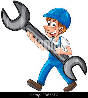 Smiling cartoon mechanic in blue overalls and cap carrying oversized wrench, white background Stock Vector