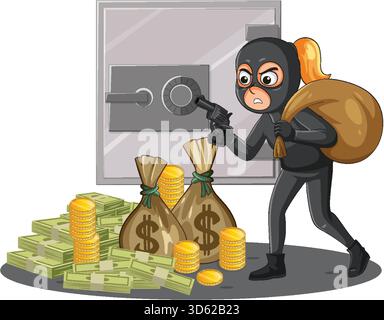 Cartoon burglar in black suit stealing cash and coins from large bank vault, vector illustration Stock Vector
