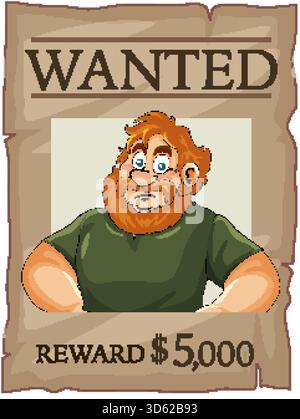 Vector illustration of wanted poster with red-bearded man, bold text, and reward amount Stock Vector