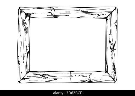 Aged wooden photo frame with vintage feel, cracked paint texture, craquelures. Single object isolated illustration hand drawn in vector ink. Antique Stock Vector