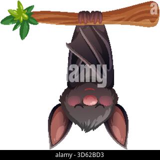 Cute vector bat with large ears hanging upside down, soft shading, simple background, playful style Stock Vector