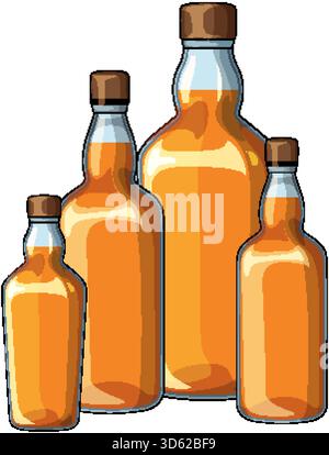 Vector illustration of four glass bottles with amber liquid, clean lines, bold colors, subtle shading. Stock Vector