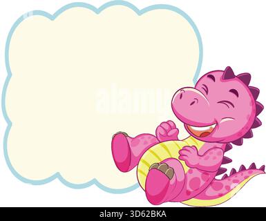 Cartoon pink dinosaur laughing beside blank cloud-shaped frame, flat vector style, bright colors Stock Vector