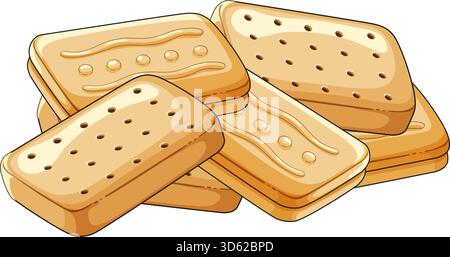 Vector illustration of five golden rectangular shortbread biscuits overlapping in a pile, isolated on white. Stock Vector