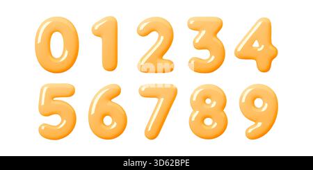 Glossy 3d yellow number set in soft balloon style. Shiny inflated digits with smooth candy texture. Bright yellow shapes and playful 3d number forms Stock Vector