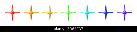 Vibrant 3D star icons with glossy highlights and soft glow. This colorful 3D star set adds sparkle and twinkle effects for UI, games, fantasy badges Stock Vector