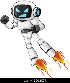 White cartoon robot with blue face, jetpack flames, dynamic pose, bold outlines, vector style Stock Vector