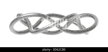 Grainy abstract knot with stipple texture and soft noise. Twisted loop forms a tangled shape with halftone shading and grunge details, creating a Stock Vector