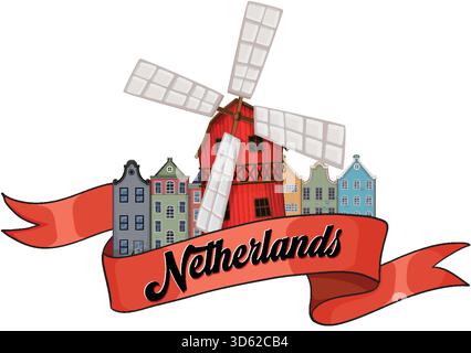 Vector windmill and canal houses, bold colors, clean lines, flat style, white background, ribbon banner Stock Vector