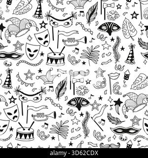 Seamless Pattern Carnival Celebration. Theatrical, Festive, Party and Masquerade masks, musical instruments with fireworks on White Background. Outlin Stock Vector