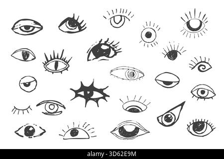 Eyes Crazy doodle black eyes. Open eye creative hand drawn human parts of faces elements, various opened eyes. Black ink vision icon, hand drawn grunge ophthalmologist symbol, drawn charcoal eyes. Vector illustration Stock Vector