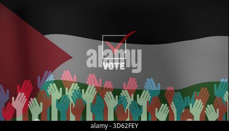 Displaying raised hands forming crowd on flag poster, with checkbox, red checkmark, VOTE Stock Photo