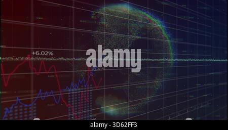 Animating 3D dotted globe rotating in virtual analytics display, with red and blue line charts Stock Photo