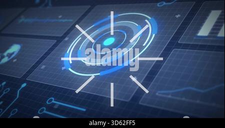 Dominating central circular holographic HUD glowing on tilted grid plane, showing graphs and map Stock Photo