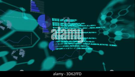 Displaying glowing cyan code block right-center on HUD, showing honeycomb grid, globe, charts Stock Photo