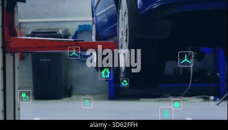 Showing blue car rear wheel being lifted on vehicle lift in garage, eco overlays, copy space Stock Photo