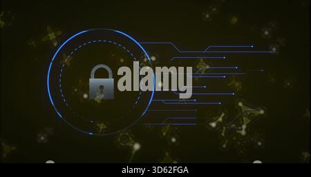 Displaying metallic padlock sitting inside blue HUD rings on UI, with circuit traces, glowing nodes Stock Photo