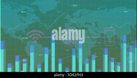 Displaying data dashboard on dotted world map with color bars, line graph, globe Wi?Fi phone icons Stock Photo