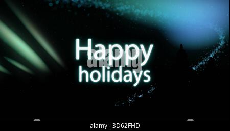 Glowing 'Happy holidays' neon text centering in night sky with aurora, green beams, snow, trees Stock Photo