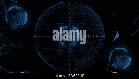 Displaying central dotted globe with inner sphere in virtual void, with two smaller globes and mesh Stock Photo