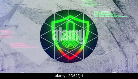 Showing security emblem glowing on concrete with padlock, scan rings, grid, neon code Stock Photo