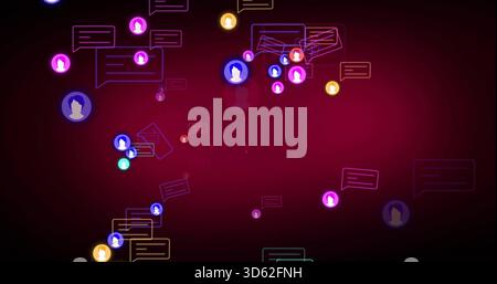 Floating cluster of avatar icons and speech bubbles over magenta gradient, with notification dots Stock Photo