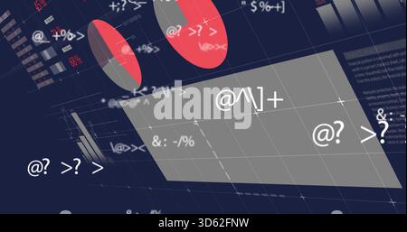 Displaying tilted grey panel on navy grid, showing red or grey pie charts and type symbols Stock Photo