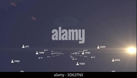Floating white avatar icons receding on low horizon in dark space, with numeric labels and flare Stock Photo