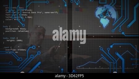 Working mid-adult man wearing dark top and glasses typing on laptop at dim workspace, code overlay Stock Photo
